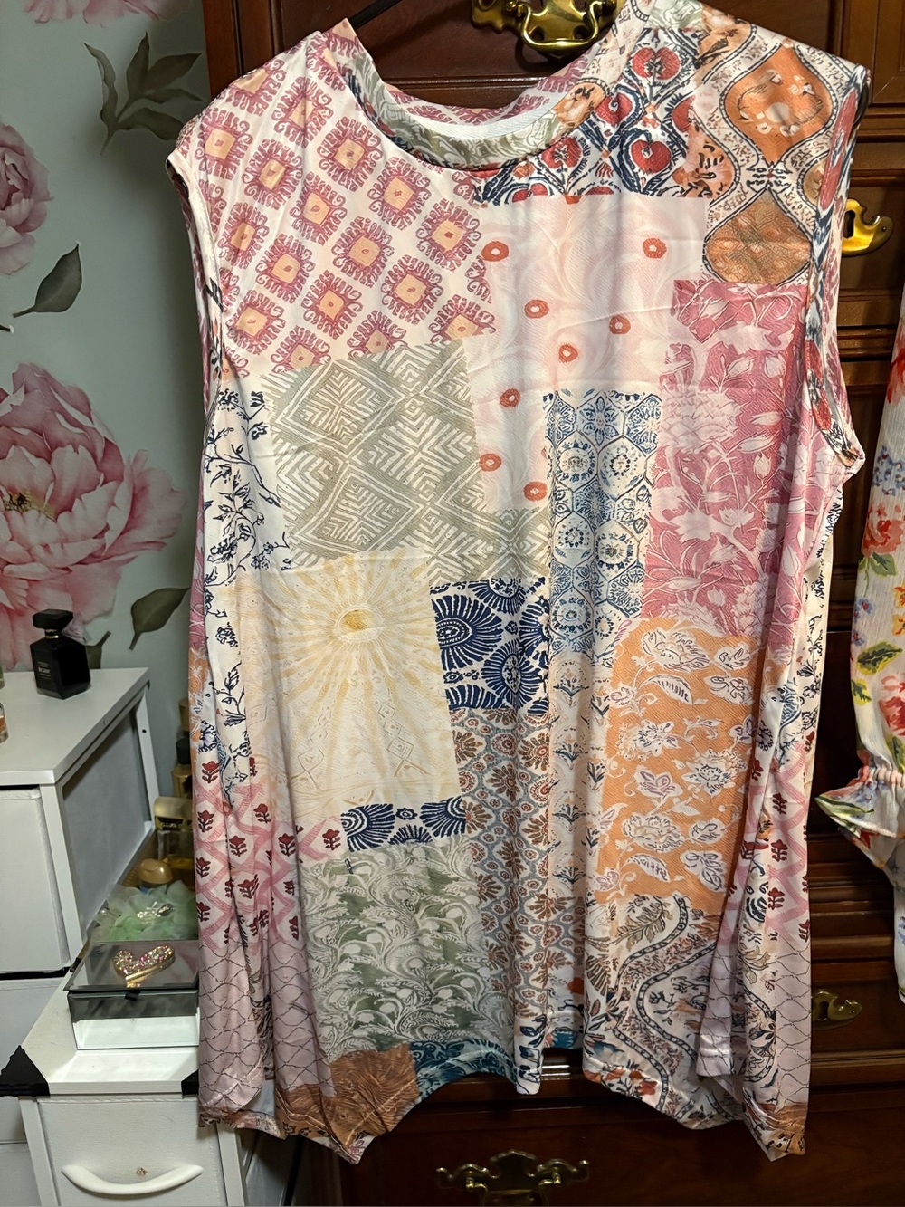 Patchwork Print Sleeveless Tunic - Pink, Peach & Blue